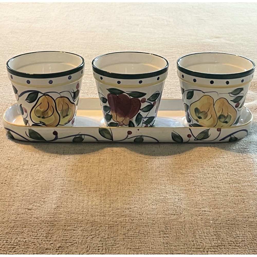 Vtg Jay Ceramic Herb Planter Set 3 Pots with Tray Hand Painted Fruit Pear Apple